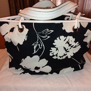 Talbots Large White/Black Floral with Leather Handle and Silver hardware Tote